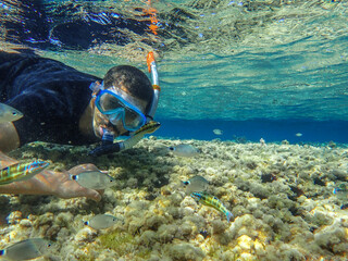 Young man wearing goggles ( mask ) swimming and diving underwater with fishes enjoying summer...