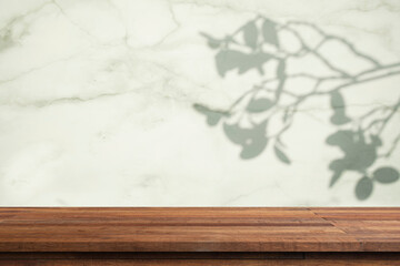 Realistic 3D render background for products overlay. Close up of round empty oak wood table with sunlight with tropical leaves plants. Organic beauty, Natural concept. Mock up, Podium, Spa, Sunscreen.