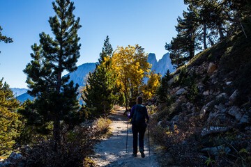 Young hiker woman in autumn in Aiguestortes and Sant Maurici National Park, Spain