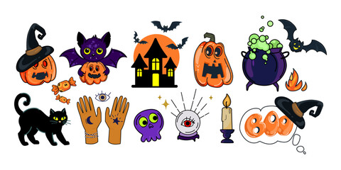 Cute Halloween Icons Set with Pumpkins, bats, haunted house, cauldron, black cat, candies, crystal ball, witch hat, magical hands, for party invitations, decor, seasonal designs.Vector illustration