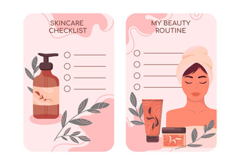 Skincare and Beauty Routine Checklist Cards with Cosmetics and a young woman in a towel. Flat vector illustration of skincare checklist with cosmetic products, planners, self-care content,beauty blogs