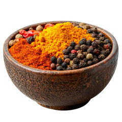 Mixed spices in a wooden bowl isolated on a transparent background. Ground turmeric, chili powder, and black peppercorns. Top view of colorful seasoning blend for cooking and food preparation.