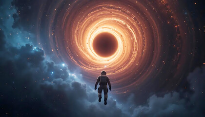 Fototapeta premium Astronaut Floating Near Massive Black Hole with Glowing Accretion Disk Amidst Star-Filled Cosmic Void.