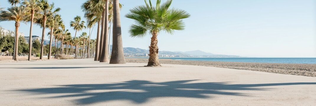 Sunny beach promenade with palm trees and clear blue sky