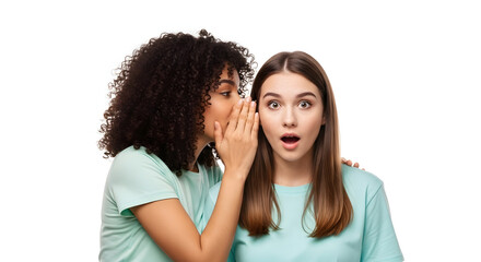 Two Diverse Women Whispering Secretively in Bright Studio Light