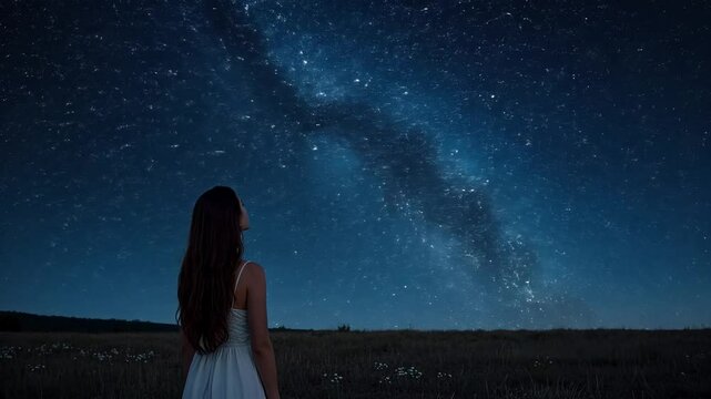 Woman looking up at stars in dark field during nighttime  