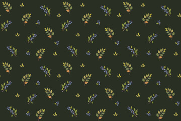 Vintage seamless pattern featuring botanical elements in a rich dark background