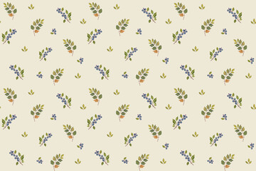 Vintage seamless pattern with delicate leaves and blueberries on a soft background perfect for textiles and decor