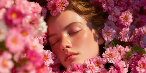 Naklejka premium Serene Woman's Portrait Amidst Vibrant Pink Flowers Emphasizing Natural Beauty and Peace