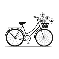Vintage bicycle with flowers in a basket isolated on white background.