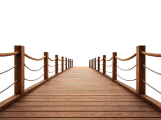 Fototapeta premium Serene Wooden Dock with Rope Railings Leading into the Horizon, Perfect for Evoking Calmness and Reflection, Isolated on Transparent and White Background