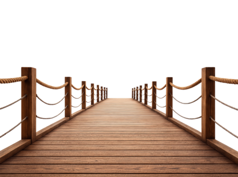 Serene Wooden Dock with Rope Railings Leading into the Horizon, Perfect for Evoking Calmness and Reflection, Isolated on Transparent and White Background - Powered by Adobe