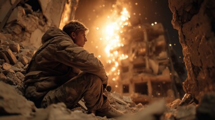 Fototapeta premium Crumbled Urban Warzone with Hiding Survivor