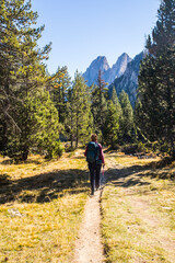 Obraz premium Young hiker woman in autumn in Aiguestortes and Sant Maurici National Park, Spain