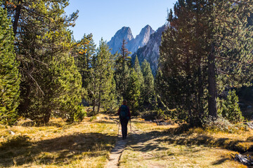 Fototapeta premium Young hiker woman in autumn in Aiguestortes and Sant Maurici National Park, Spain