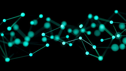 Abstract glowing turquoise molecular network structure on a dark background