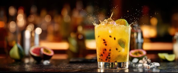 The vibrant cocktail with splashes and fresh ingredients on the bar.