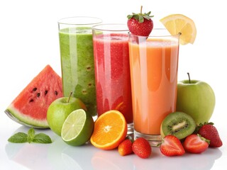 Assortment of fresh fruit smoothies displayed with vibrant ingredients on a white background