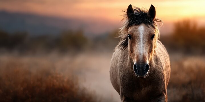 Majestic horse standing in a field at sunset, capturing nature's beauty and tranquility at dusk