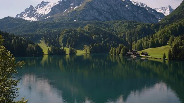 Lake obersee in glarus, switzerland surrounded by forest and mountains on a calm summer day