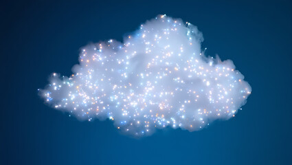 A luminous cloud filled with sparkling stars and soft wisps of smoke against a deep blue background
