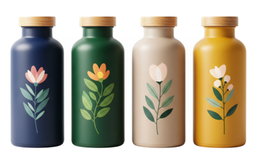 Set of four attractive design botanical bottles isolated on white background