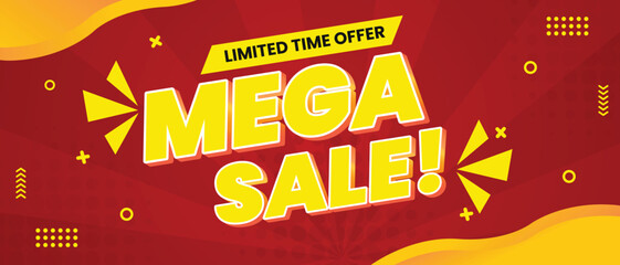 Mega sale banner template in flat trendy memphis geometric style, red and yellow, modern style poster, placard, web banner designs. Vector Illustration.