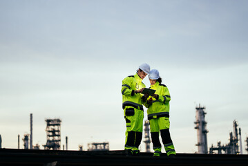 Engineer worker watching work monitor on digital tablet and checking for quality control at...