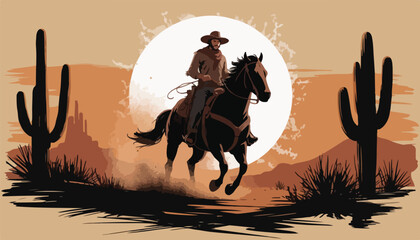 Silhouetted Cowboy on Horseback Against Full Moon – Western Desert Digital Art