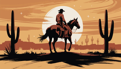 Silhouetted Cowboy on Horseback Against Full Moon – Western Desert Digital Art