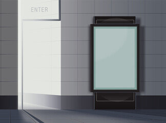 Realistic lightbox mockup, outdoor advertising equipment. Composite material, glass, acrylic. Wall background with tiles. Minimalistic interior, exterior. Vector template for text, picture, commercial