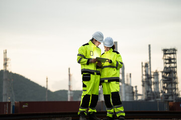 Engineer worker watching work monitor on digital tablet and checking for quality control at construction site of petroleum chemical industry or refinery oil plant factory overtime at night