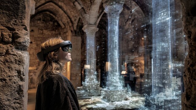 Young woman wearing ar headset exploring a digital reconstruction of ancient ruins projected on a transparent display in a museum, experiencing immersive historical education