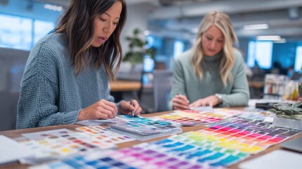 Two professional women collaborating on creative design project, discussing colorful color swatches, hues, and palettes at modern office workspace table. Ideal for wallpaper, poster