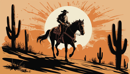 Silhouetted Cowboy on Horseback Against Full Moon – Western Desert Digital Art