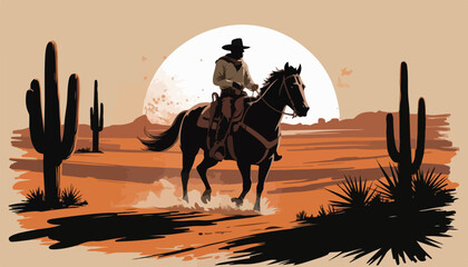 Silhouetted Cowboy on Horseback Against Full Moon – Western Desert Digital Art