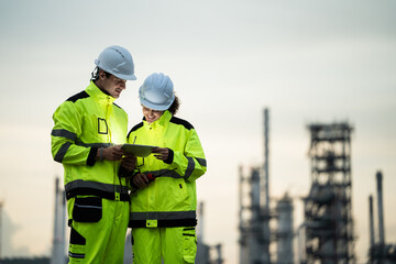 Engineer worker watching work monitor on digital tablet and checking for quality control at construction site of petroleum chemical industry or refinery oil plant factory overtime at night