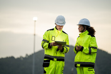 Engineer worker watching work monitor on digital tablet and checking for quality control at construction site of petroleum chemical industry or refinery oil plant factory overtime at night