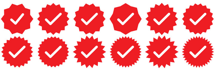 Verified badge profile set. Verified badge. Valid. Social media account verification icon. Verify badge. Red Verified badge icon set. Set of verified badges