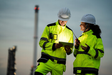 Engineer worker watching work monitor on digital tablet and checking for quality control at construction site of petroleum chemical industry or refinery oil plant factory overtime at night