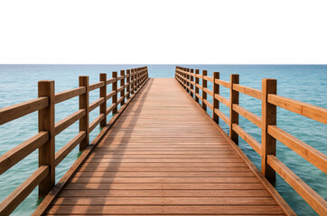 Tranquil Wooden Dock Stretching into Serene Aqua Waters Under a Clear Horizon, Perfect for Nature Scenes, Travel Promotions, or Relaxation Themes, Isolated on Transparent and White Background