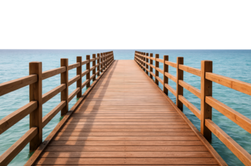 Tranquil Wooden Dock Stretching into Serene Aqua Waters Under a Clear Horizon, Perfect for Nature Scenes, Travel Promotions, or Relaxation Themes, Isolated on Transparent and White Background