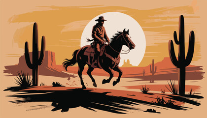 Silhouetted Cowboy on Horseback Against Full Moon – Western Desert Digital Art