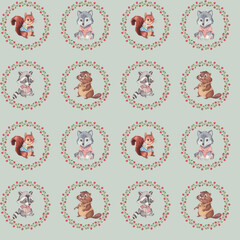 Vintage seamless pattern featuring adorable woodland animals in playful round frames