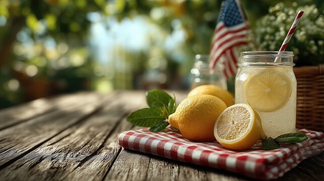 Summer outdoor setting: Glass of lemonade with fresh lemons, American flag, checkered cloth on wooden table. Refreshing patriotic vibe for July 4th, summer picnic, or garden decor. Ideal as wallpaper
