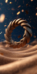 Abstract 3D illustration of a textured circular object floating above a sandy surface, surrounded by particles, creating a mesmerizing visual effect of depth and movement in a dynamic environment