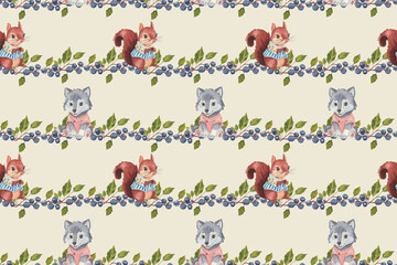 Vintage seamless pattern featuring playful woodland creatures amidst colorful foliage and berries