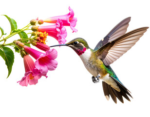 Obraz premium Realistic Hummingbird Hovering Near Bright Pink Flower, Wings in Motion, Isolated on Transparent Background