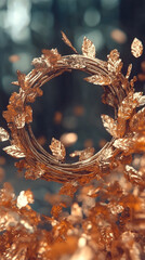 Golden leaf wreath surrounded by shimmering autumn leaves, creating a magical atmosphere in a forest setting, symbolizing nature's beauty and seasonal change