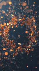 Abstract circular design featuring golden leaves and shimmering particles on a dark background, creating a festive and elegant atmosphere suitable for various creative projects and seasonal themes